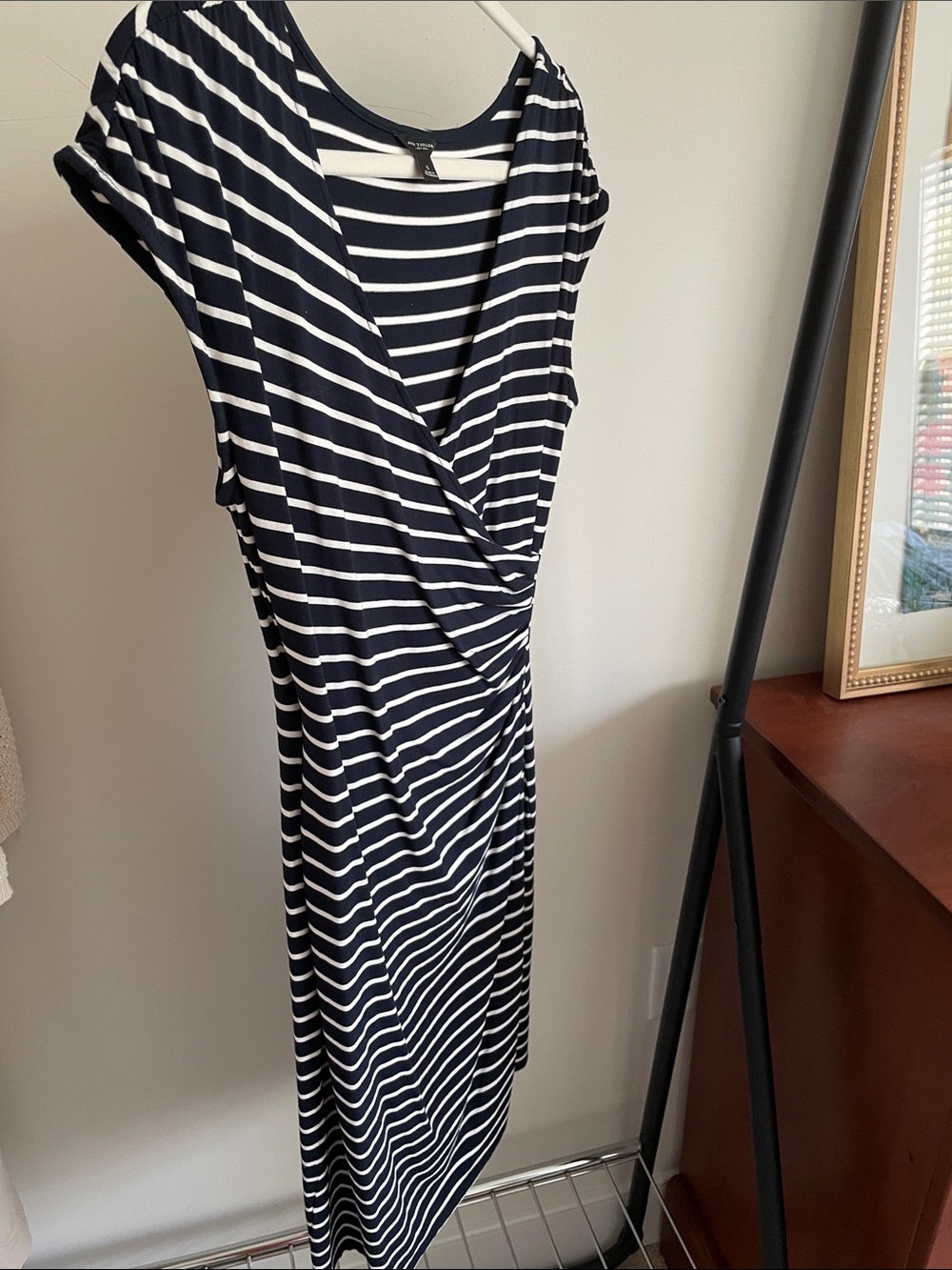 Ann Taylor Navy and White Striped Midi Wrap Dress